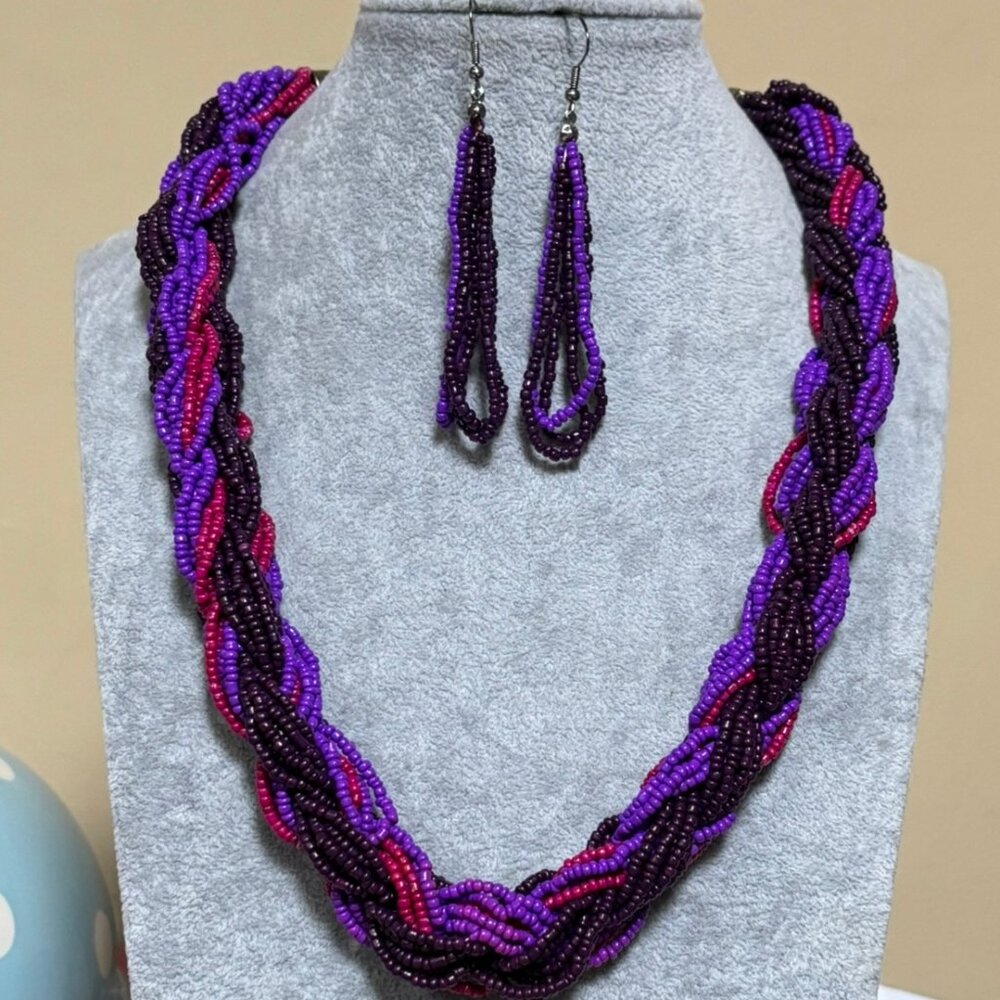Multi Strand Multi purple glass Seed Bead Braided Necklace Earring Set